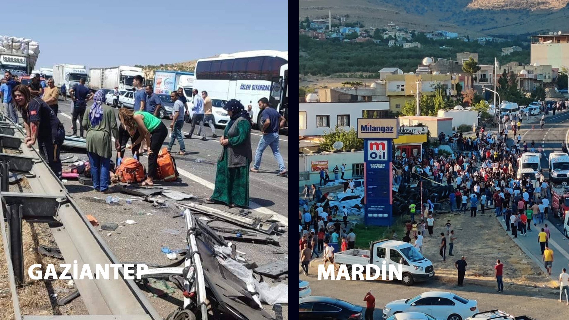 Gaziantep ve Mardin'de meydana gelen iki kazada 35 kişi hayatını kaybetti. Elliye yakın yaralı var 1 kaza