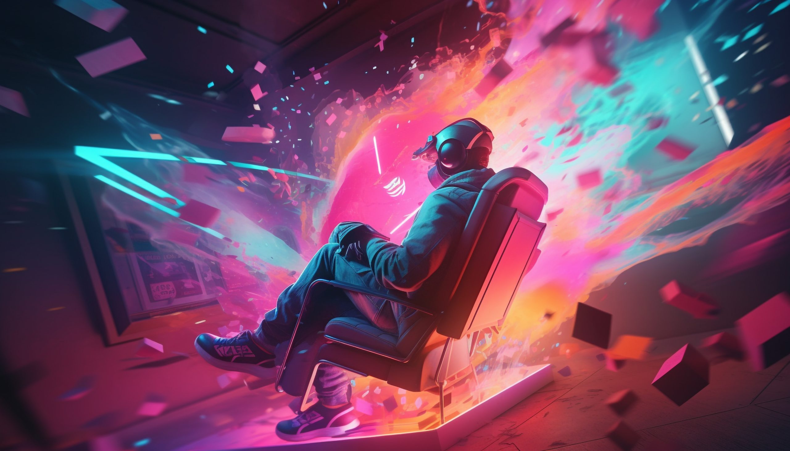 Neden binlerce video oyunu çalışanı işini kaybediyor? 1 man neon suit sits chair with neon sign that says word it scaled