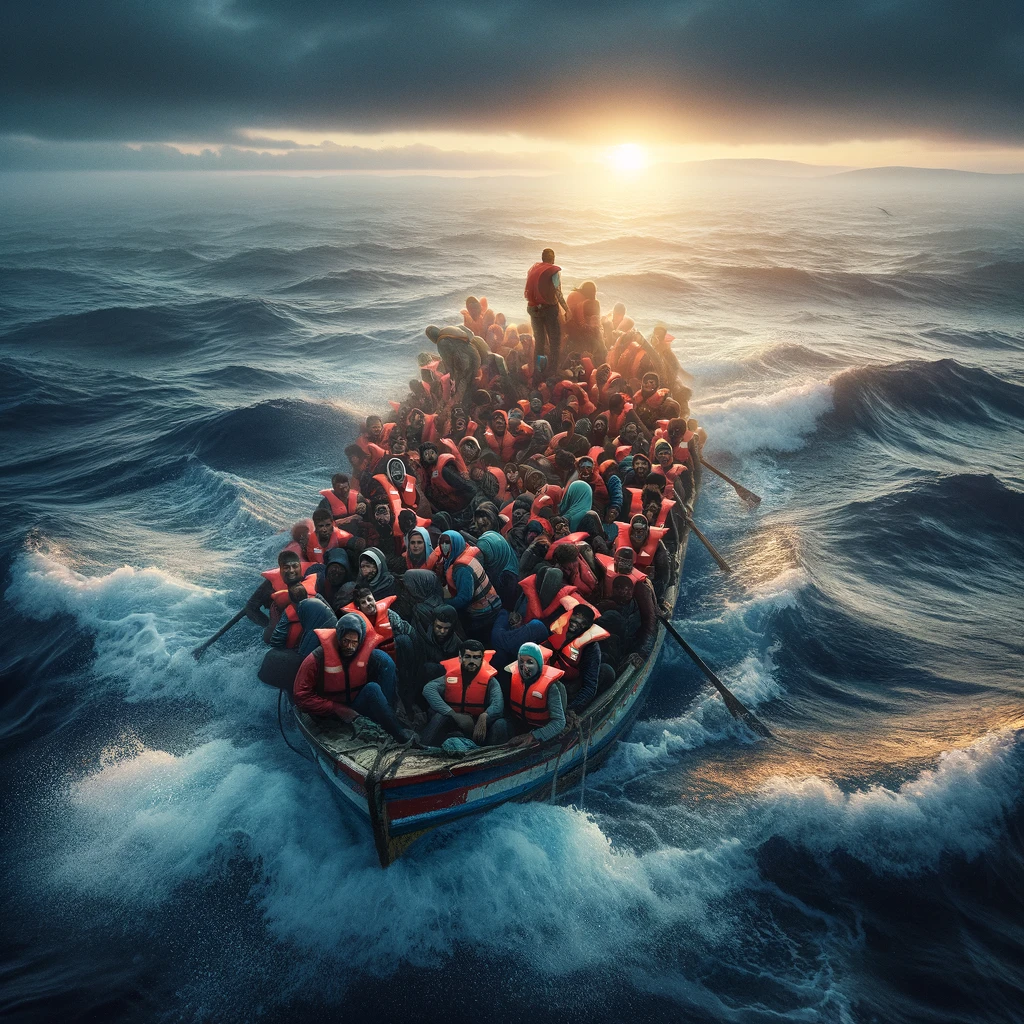 DALL·E 2024 04 01 23.21.19 A group of refugees in life vests crowded into a small overloaded boat navigating choppy waters at dawn. The scene conveys a sense of urgency and hop