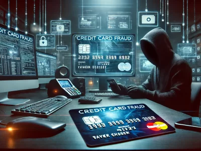 DALL·E 2024 10 18 13.04.43 A high definition wide concept image of credit card fraud. The scene shows a shadowy figure wearing a hoodie at a desk in a dark dimly lit room fill