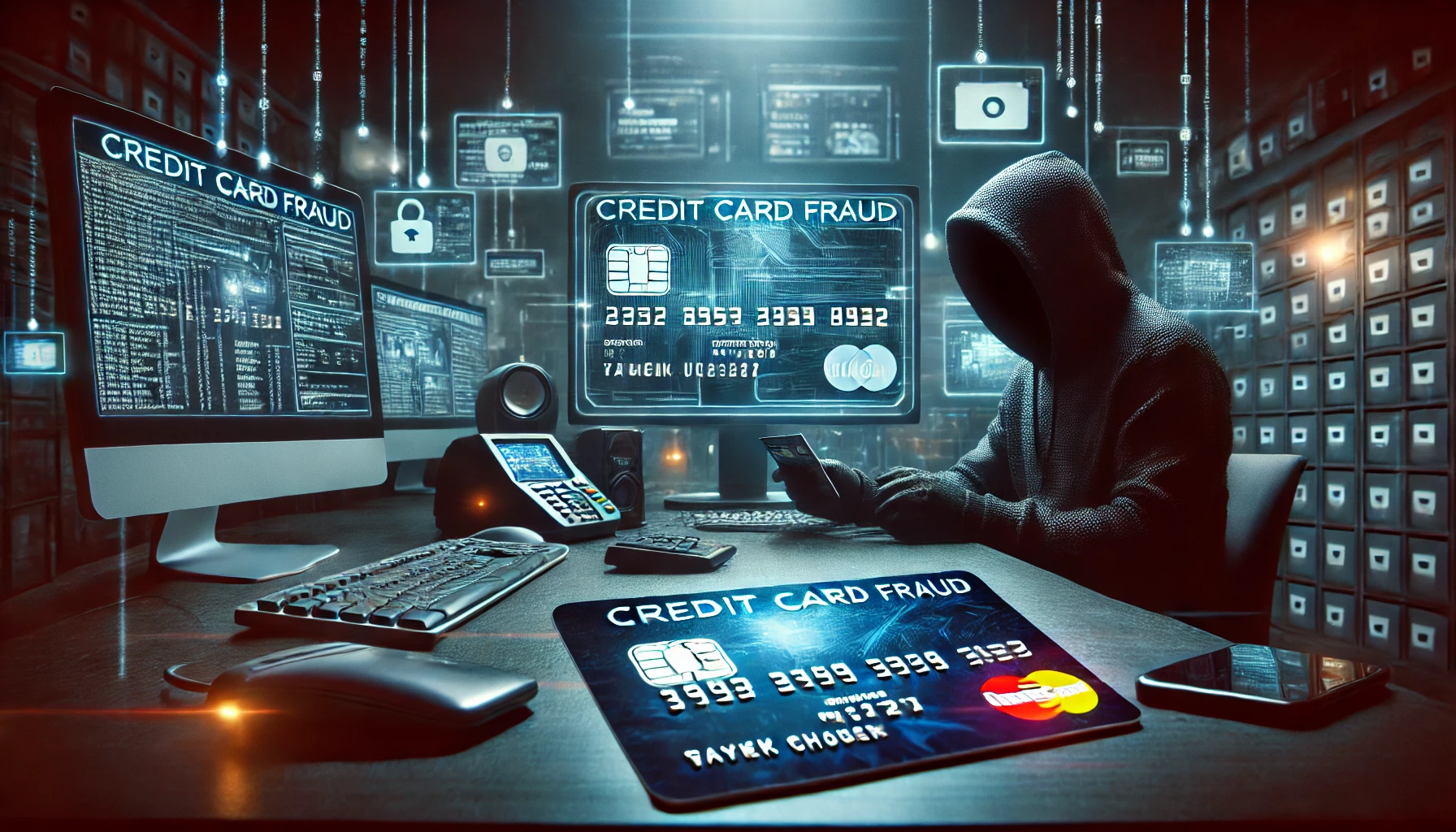 DALL·E 2024 10 18 13.04.43 A high definition wide concept image of credit card fraud. The scene shows a shadowy figure wearing a hoodie at a desk in a dark dimly lit room fill