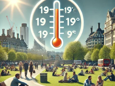 DALL·E 2025 03 17 22.25.41 A professional news style image of a sunny spring day in London with a thermometer graphic showing 19°C. The scene includes people enjoying warm weath