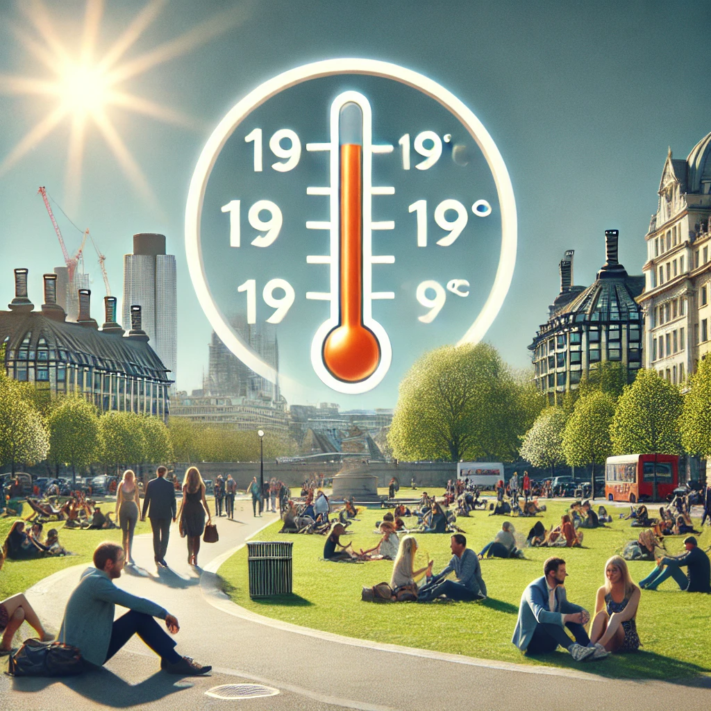 DALL·E 2025 03 17 22.25.41 A professional news style image of a sunny spring day in London with a thermometer graphic showing 19°C. The scene includes people enjoying warm weath