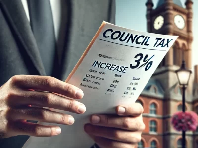 DALL·E 2025 03 18 22.15.20 A professional news style image depicting council tax increases in England. The image shows a close up of a persons hand holding a council tax bill w