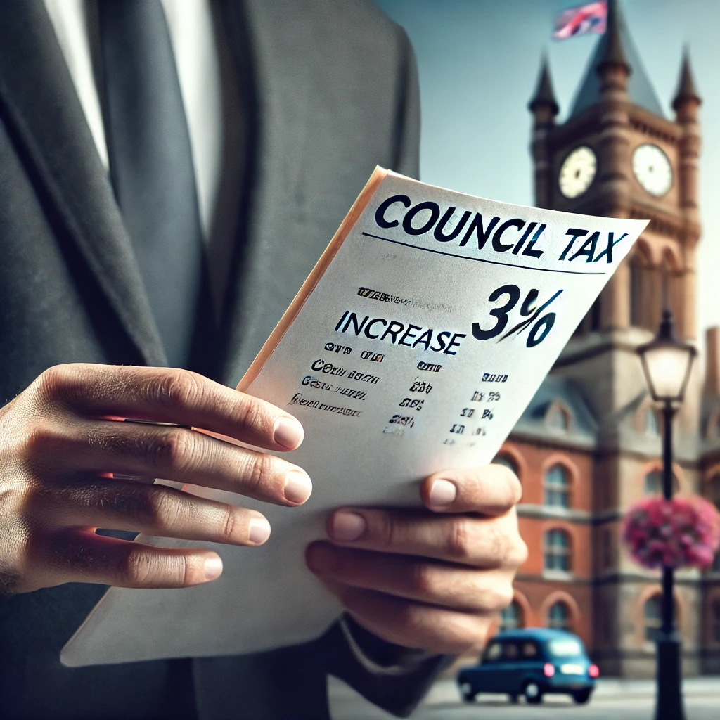 DALL·E 2025 03 18 22.15.20 A professional news style image depicting council tax increases in England. The image shows a close up of a persons hand holding a council tax bill w