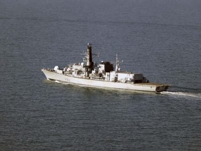 HMS Somerset in the Channel as seen from her Merlin helicopter