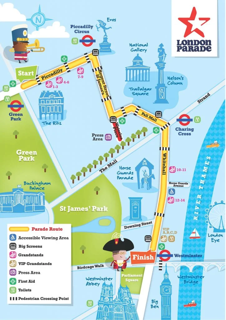 Londra Yeni Yıl Geçit Töreni: Güzergâh, kapanacak yollar ve en iyi metro durakları 2 LondonParade Graphic Map Main 2026 1 1 724x1024 1
