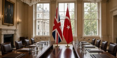 Türkiye İngiltere Ticaret Müzakerelerinde Altıncı Tur kapsamında Londra'da Birleşik Krallık ve Türkiye bayrakları önünde düzenlenen resmi ticaret müzakeresi toplantı salonu
