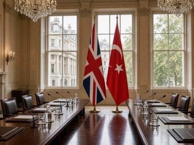 Türkiye İngiltere Ticaret Müzakerelerinde Altıncı Tur kapsamında Londra'da Birleşik Krallık ve Türkiye bayrakları önünde düzenlenen resmi ticaret müzakeresi toplantı salonu