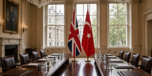 Türkiye İngiltere Ticaret Müzakerelerinde Altıncı Tur kapsamında Londra'da Birleşik Krallık ve Türkiye bayrakları önünde düzenlenen resmi ticaret müzakeresi toplantı salonu