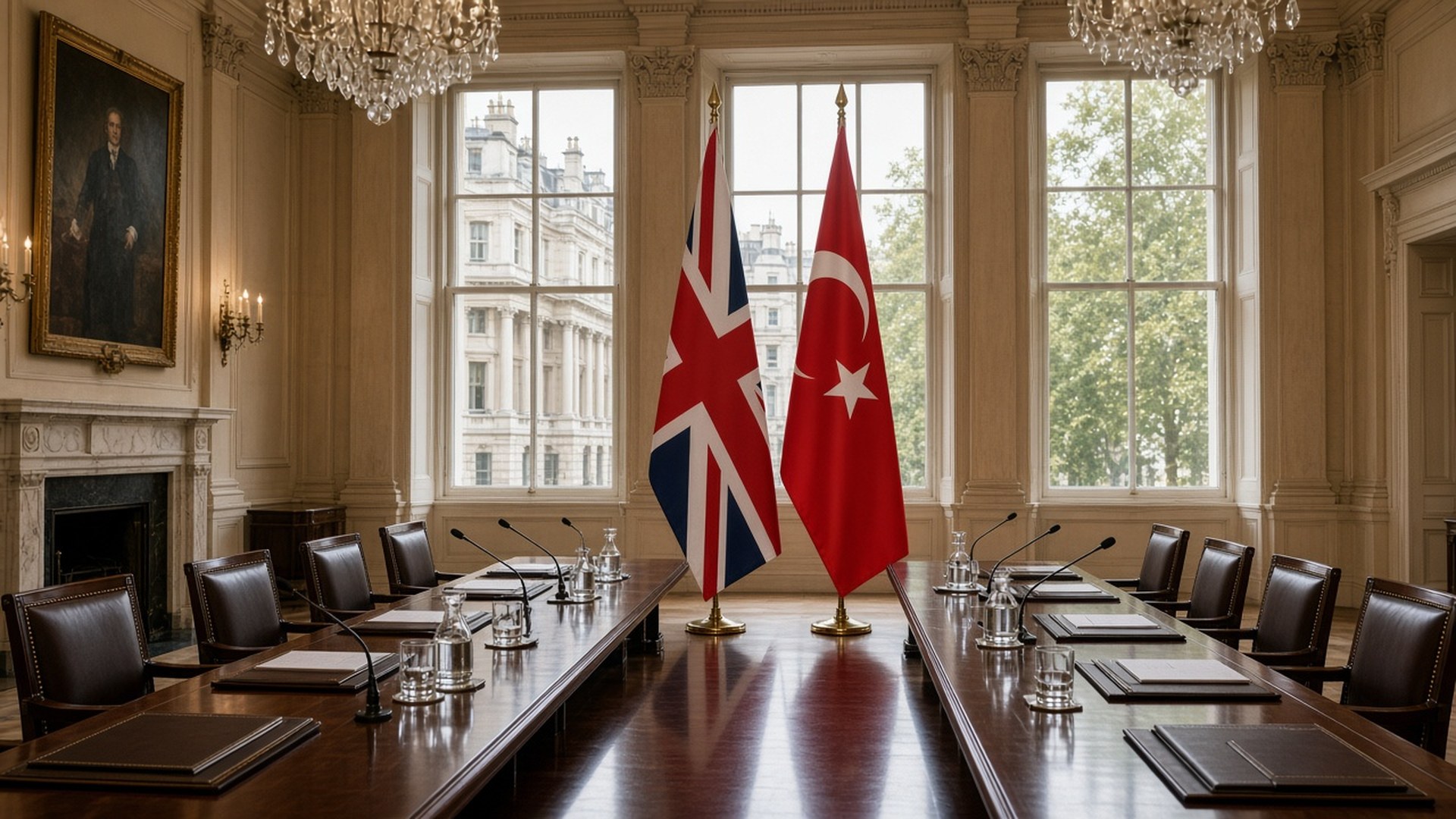 Türkiye İngiltere Ticaret Müzakerelerinde Altıncı Tur kapsamında Londra'da Birleşik Krallık ve Türkiye bayrakları önünde düzenlenen resmi ticaret müzakeresi toplantı salonu